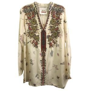 Johnny‎ Was Biya Tunic Top Womens S Cream Embroidered Floral Long Sleeve V-Neck